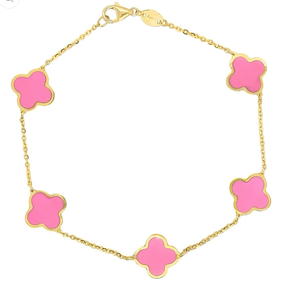 Chic Gold Bracelet with Pink Clover Charms 14k solid gold